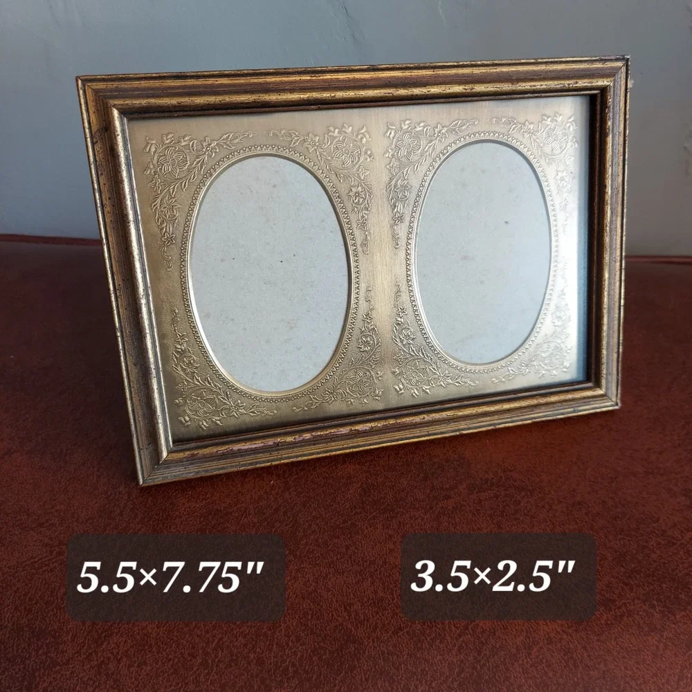 Vintage Gold Double Oval Photo Frame Ornate Floral Embossed Tabletop 5.5x7.75